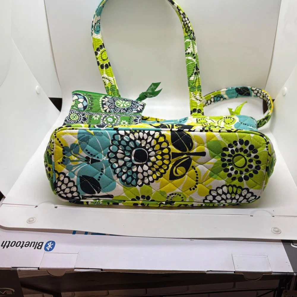 Vera Bradley Go Wild Quilted Cotton Tote Shoulder Bag with Matching Pouch Green